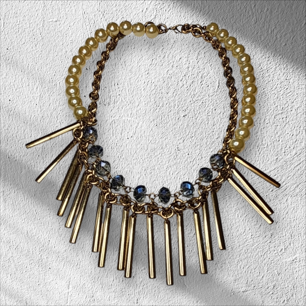 Vintage J. Crew Statement Necklace Gold Bar Fringe, Pearl & Faceted Glass